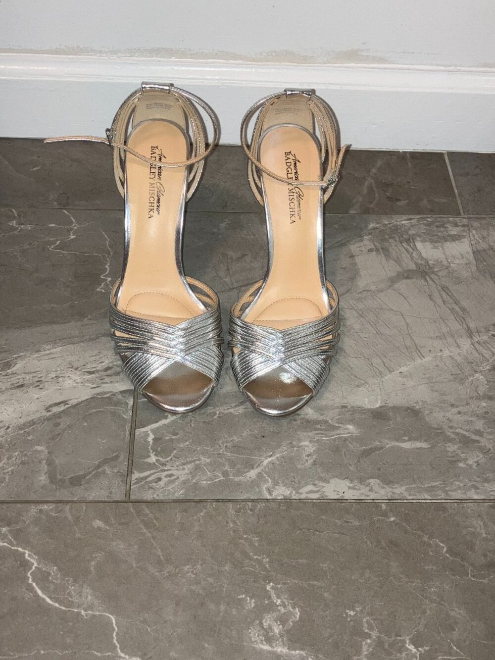 Badgley Mischka silver caged ankle strap heels 8.5
